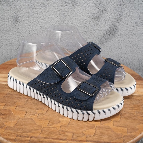 Ilse Jacobsen Shoes - Ilse Jacobsen Hornbæk Tulip Indigo Blue Double Buckle Slide Sandals Womens 8.5